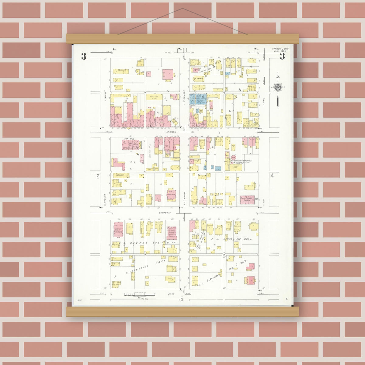Old map wall art mockup — magnetic wood frame on brick wall — Sanborn Fire Insurance Map from Harrison, Hamilton County, Ohio (1938), Sheet #0003