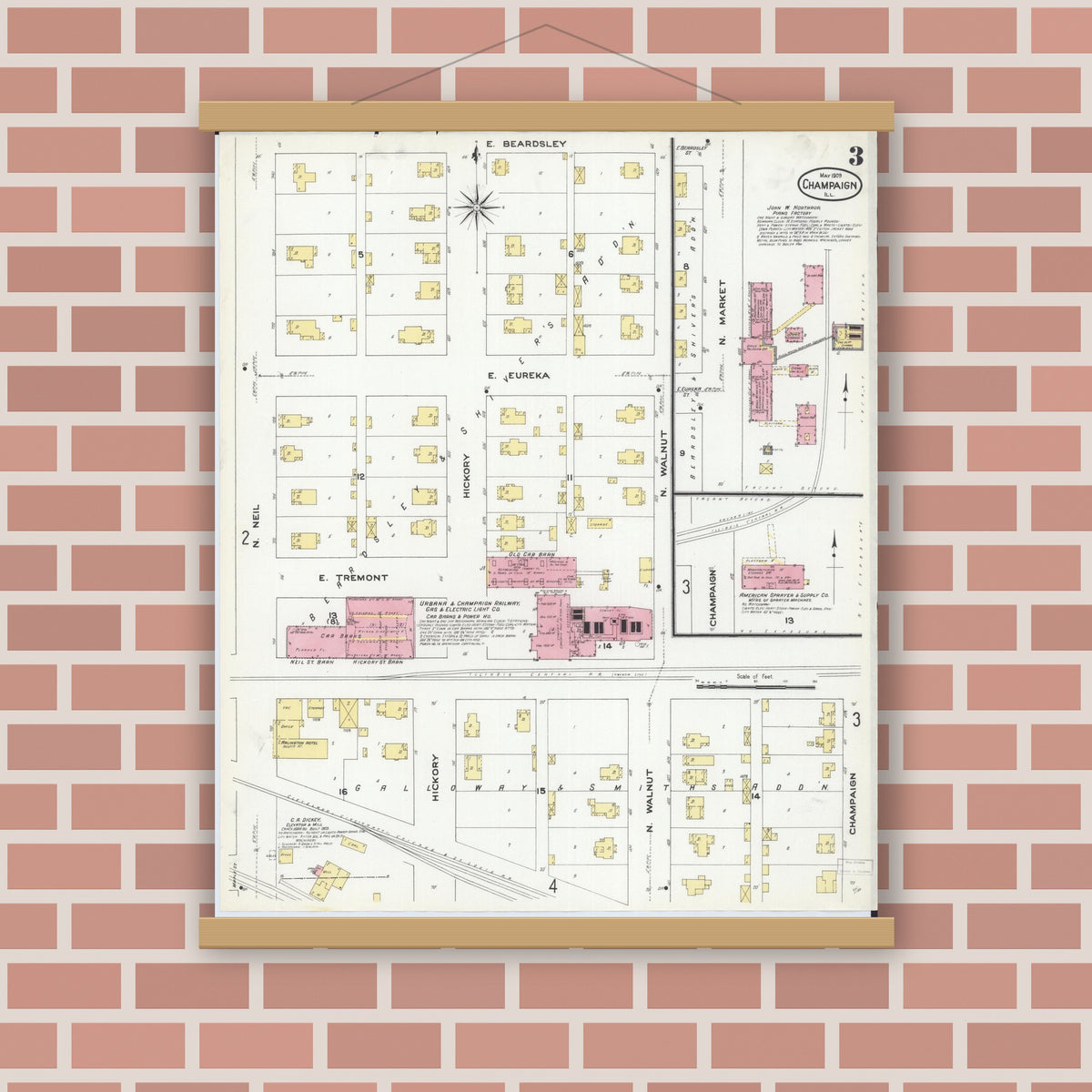 Old map wall art mockup — magnetic wood frame on brick wall — Sanborn Fire Insurance Map from Champaign, Champaign County, Illinois (1909), Sheet #0003