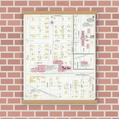 Old map wall art mockup — magnetic wood frame on brick wall — Sanborn Fire Insurance Map from Champaign, Champaign County, Illinois (1909), Sheet #0003