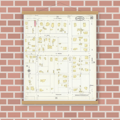 Old map wall art mockup — magnetic wood frame on brick wall — Sanborn Fire Insurance Map from Gainesville, Cooke County, Texas (1913), Sheet #0027