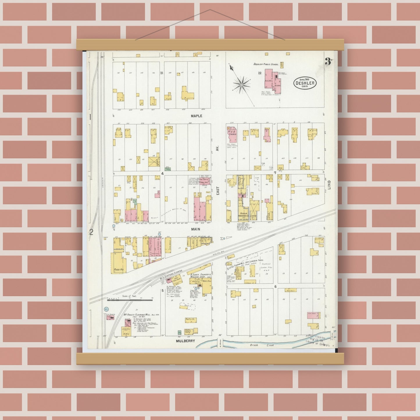Old map wall art mockup — magnetic wood frame on brick wall — Sanborn Fire Insurance Map from Deshler, Henry County, Ohio (1900), Sheet #0003