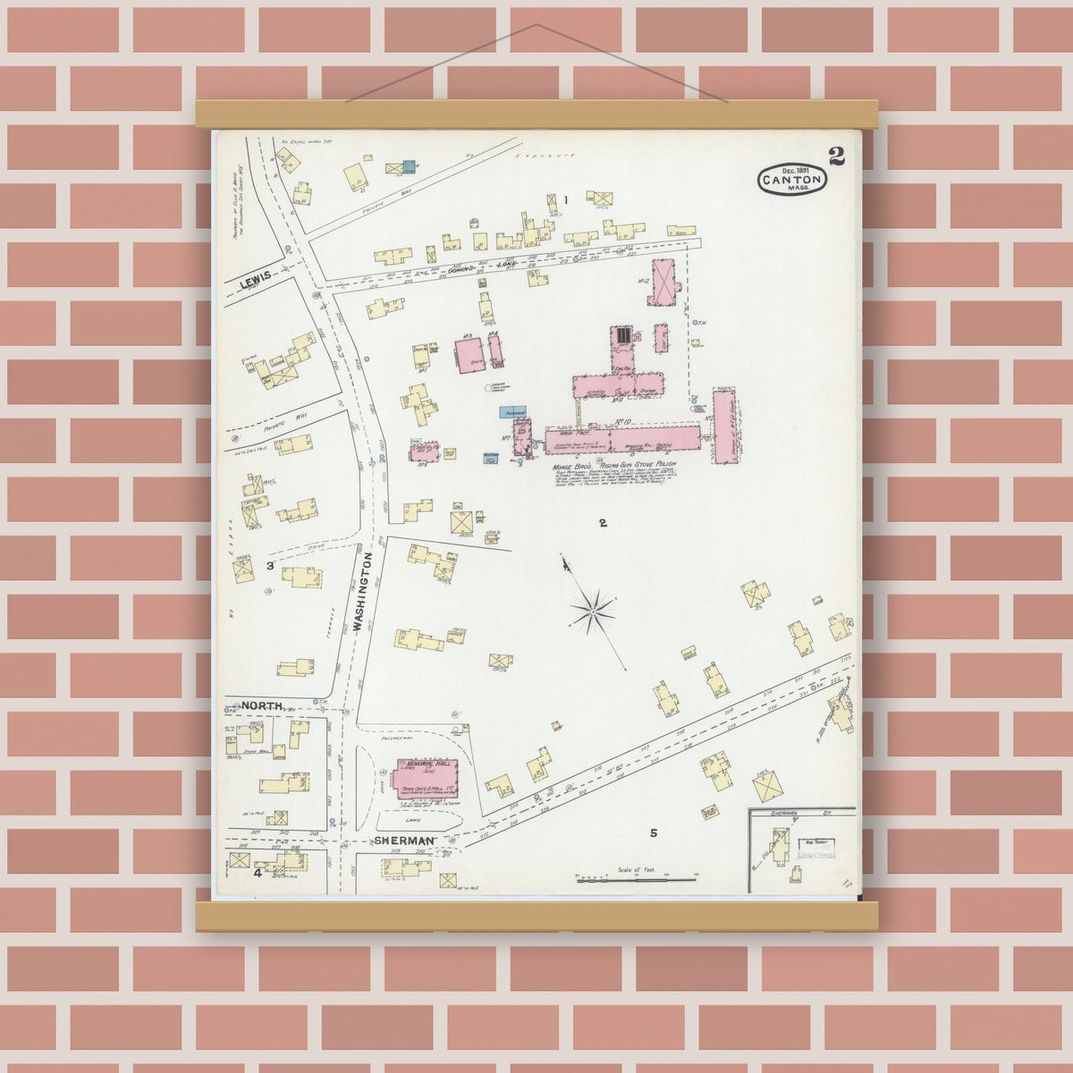 Old map wall art mockup — magnetic wood frame on brick wall — Sanborn Fire Insurance Map from Canton, Norfolk County, Massachusetts (1891), Sheet #0002