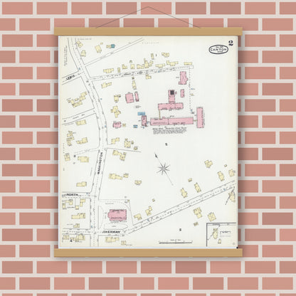 Old map wall art mockup — magnetic wood frame on brick wall — Sanborn Fire Insurance Map from Canton, Norfolk County, Massachusetts (1891), Sheet #0002