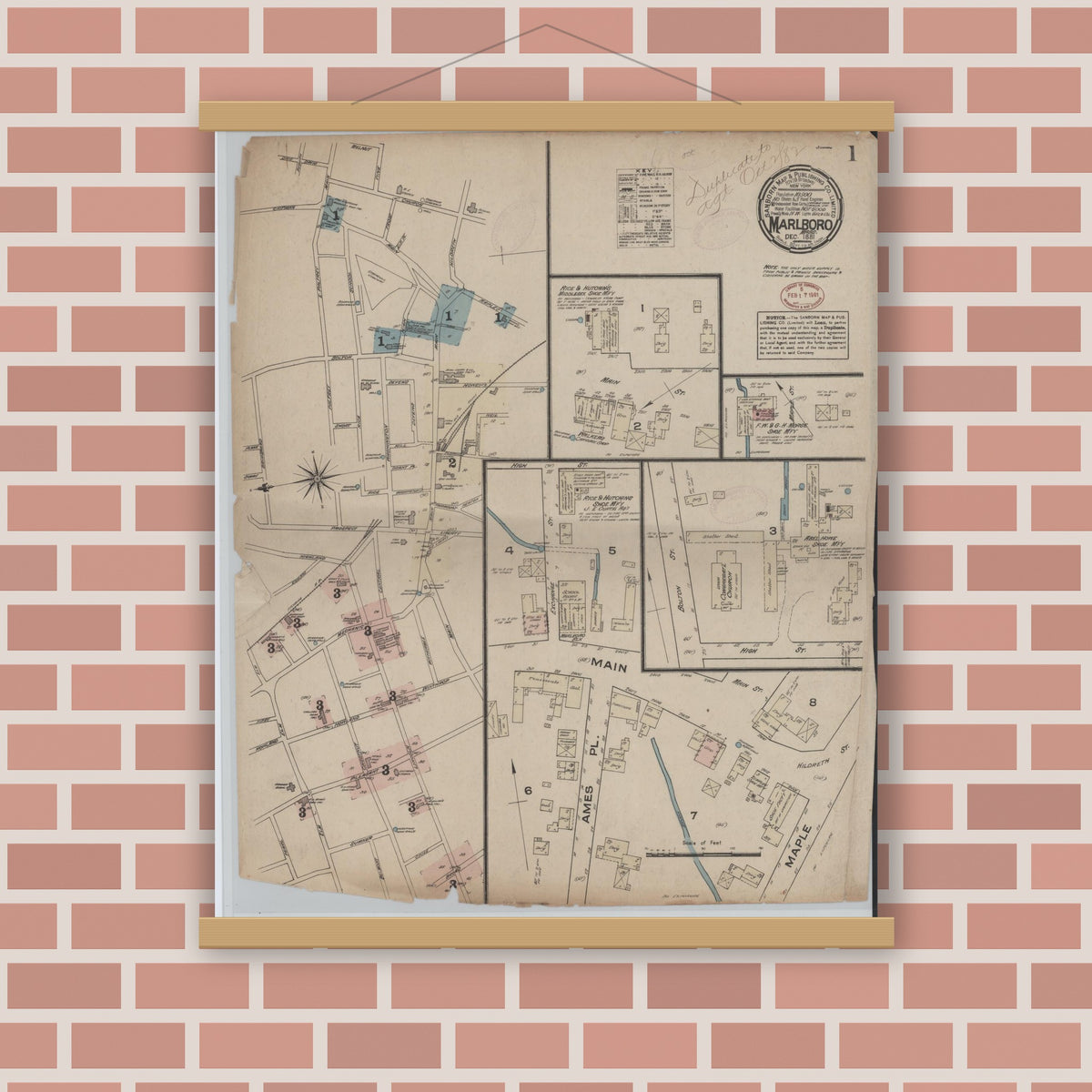 Old map wall art mockup — magnetic wood frame on brick wall — Sanborn Fire Insurance Map from Marlborough, Middlesex  County, Massachusetts (1881), Sheet #0001