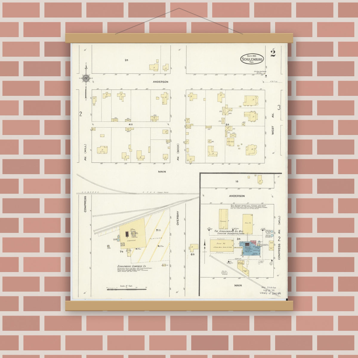 Old map wall art mockup — magnetic wood frame on brick wall — Sanborn Fire Insurance Map from Schulenburg, Fayette County, Texas (1912), Sheet #0002