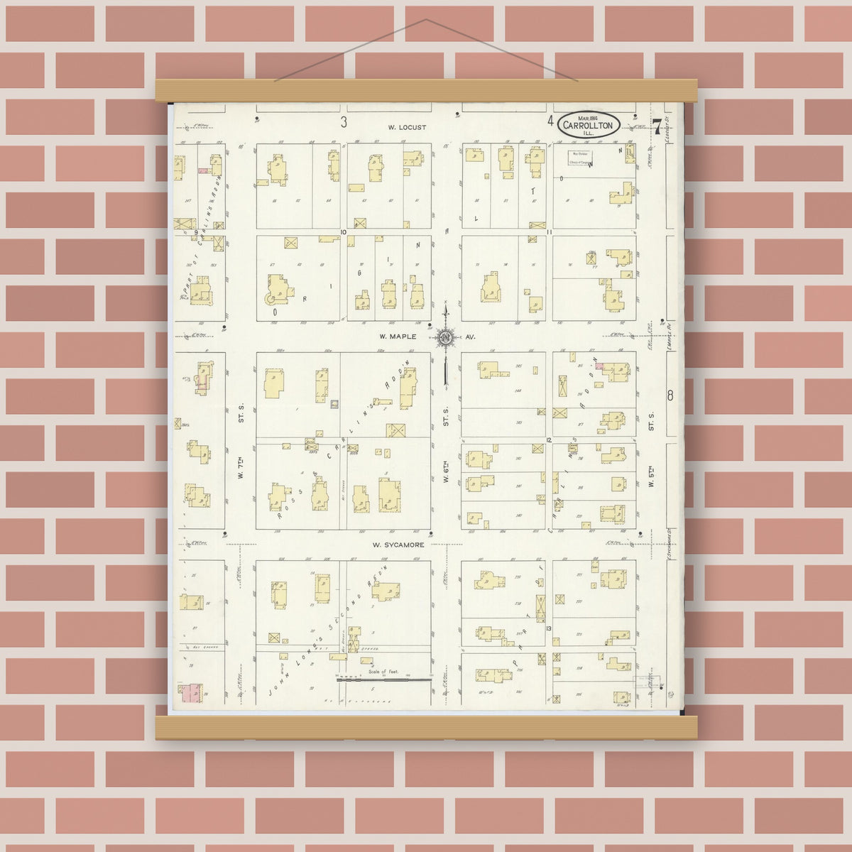 Old map wall art mockup — magnetic wood frame on brick wall — Sanborn Fire Insurance Map from Carrollton, Greene County, Illinois (1914), Sheet #0007