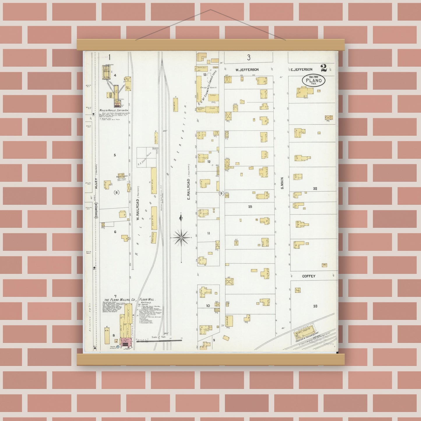 Old map wall art mockup — magnetic wood frame on brick wall — Sanborn Fire Insurance Map from Plano, Collin County, Texas (1901), Sheet #0002