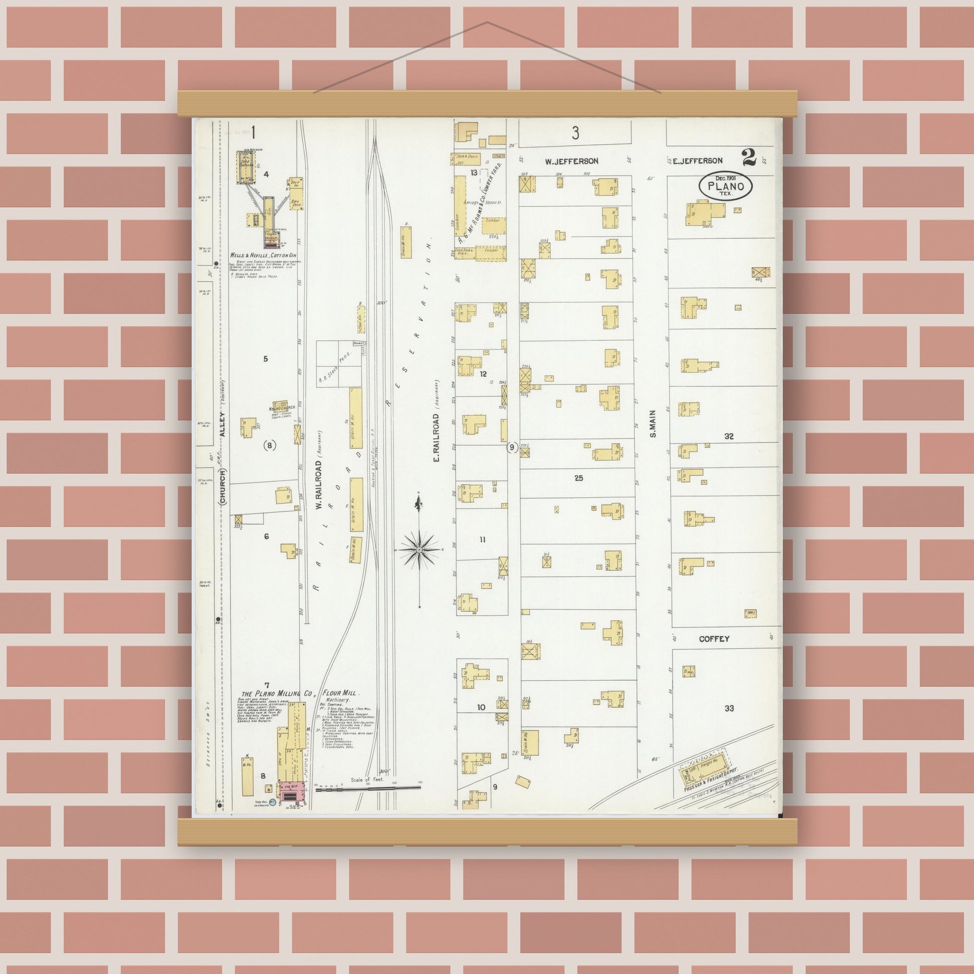 Old map wall art mockup — magnetic wood frame on brick wall — Sanborn Fire Insurance Map from Plano, Collin County, Texas (1901), Sheet #0002
