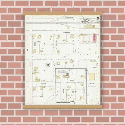 Old map wall art mockup — magnetic wood frame on brick wall — Sanborn Fire Insurance Map from Wills Point, Van Zandt County, Texas (1906), Sheet #0005