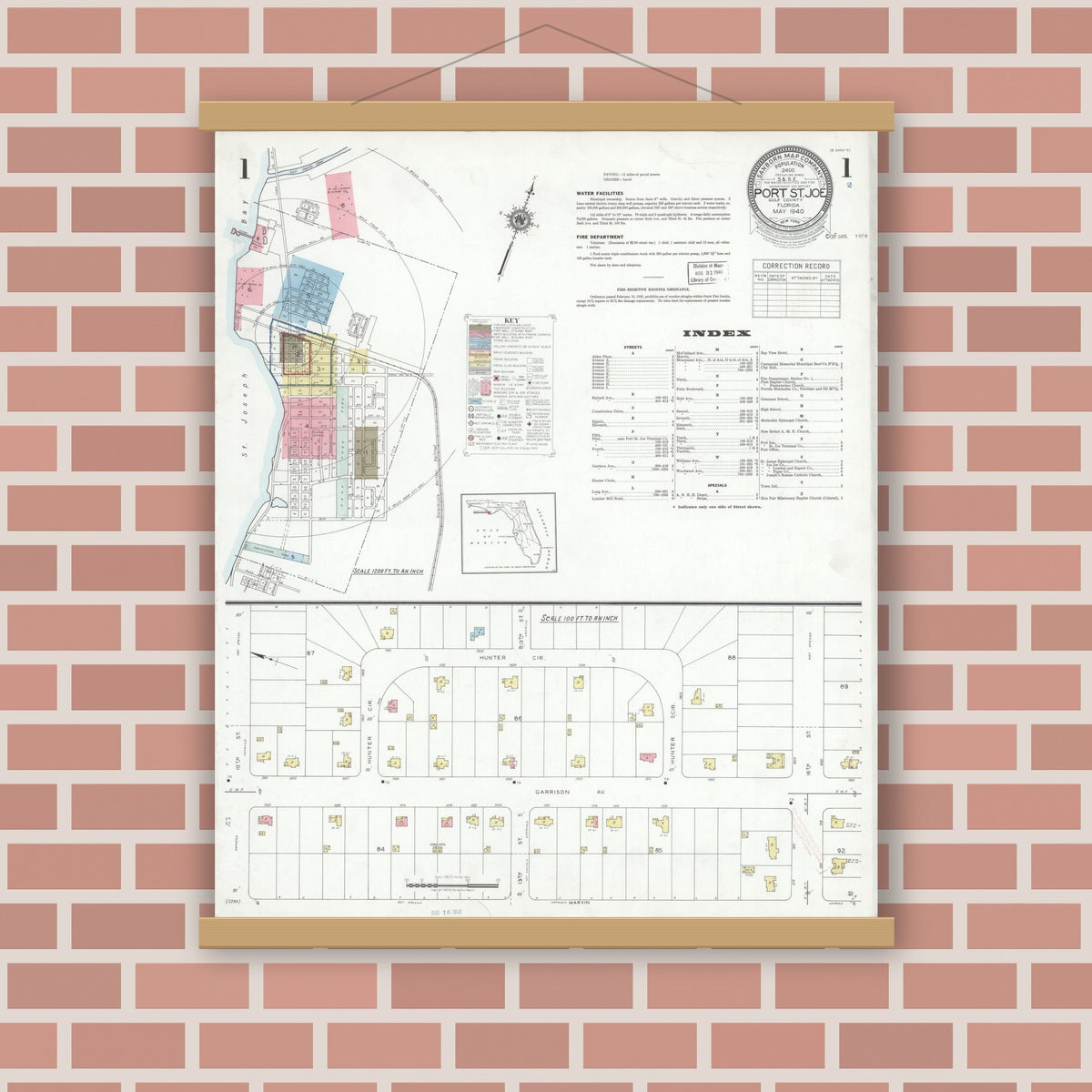 Old map wall art mockup — magnetic wood frame on brick wall — Sanborn Fire Insurance Map from Port Saint Joe, Gulf County, Florida (1940) - Complete Map Set