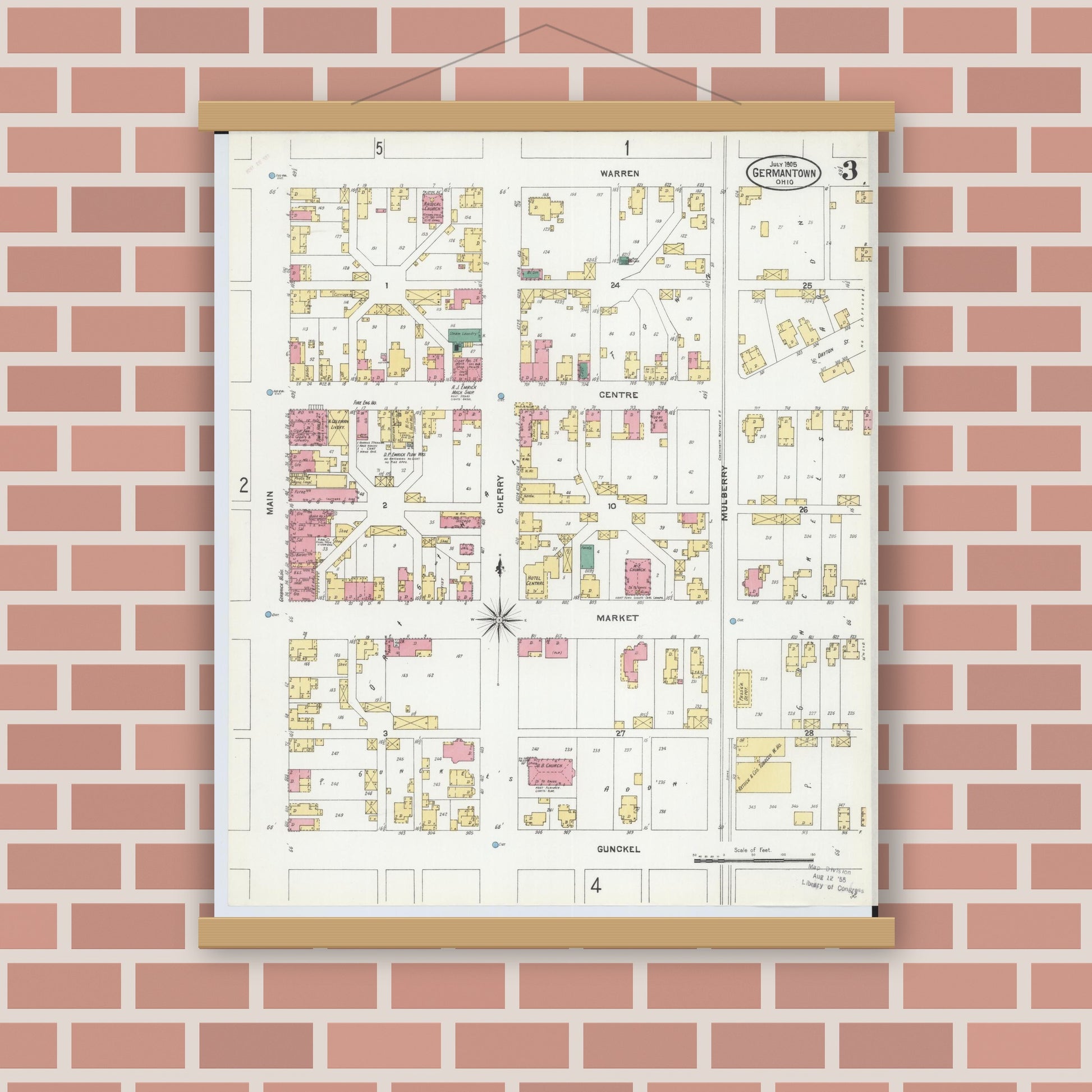 Old map wall art mockup — magnetic wood frame on brick wall — Sanborn Fire Insurance Map from Germantown, Montgomery County, Ohio (1905), Sheet #0003