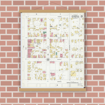 Old map wall art mockup — magnetic wood frame on brick wall — Sanborn Fire Insurance Map from Germantown, Montgomery County, Ohio (1905), Sheet #0003