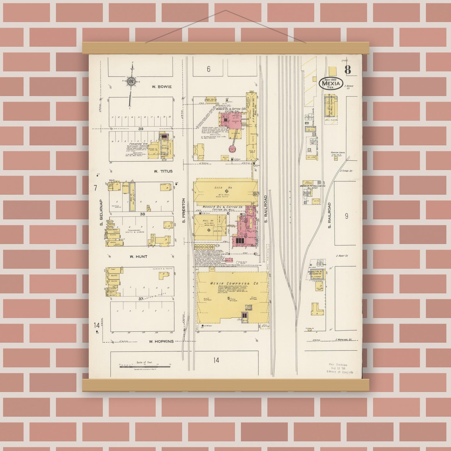 Old map wall art mockup — magnetic wood frame on brick wall — Sanborn Fire Insurance Map from Mexia, Limestone County, Texas (1922), Sheet #0008