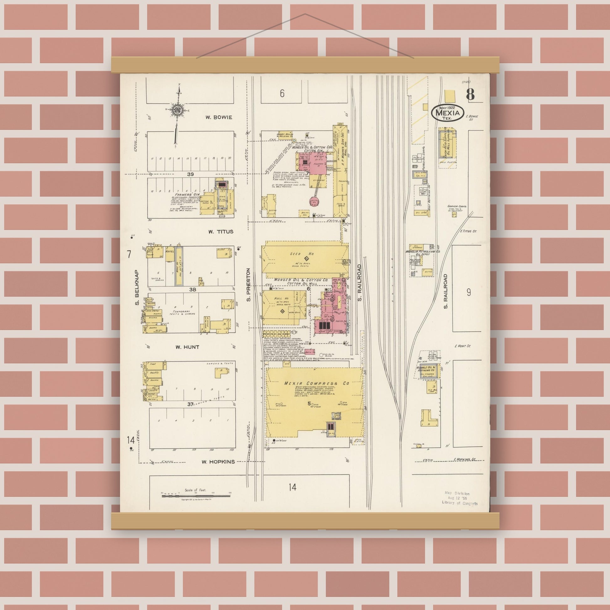 Old map wall art mockup — magnetic wood frame on brick wall — Sanborn Fire Insurance Map from Mexia, Limestone County, Texas (1922), Sheet #0008