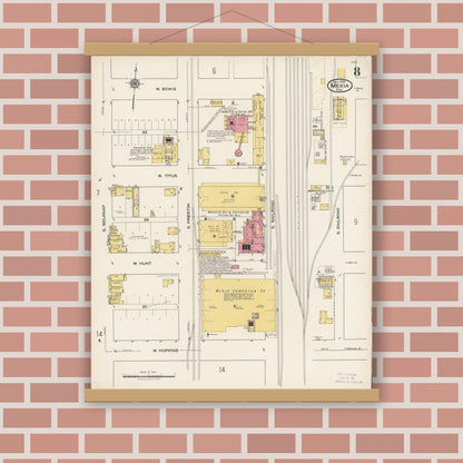 Old map wall art mockup — magnetic wood frame on brick wall — Sanborn Fire Insurance Map from Mexia, Limestone County, Texas (1922), Sheet #0008