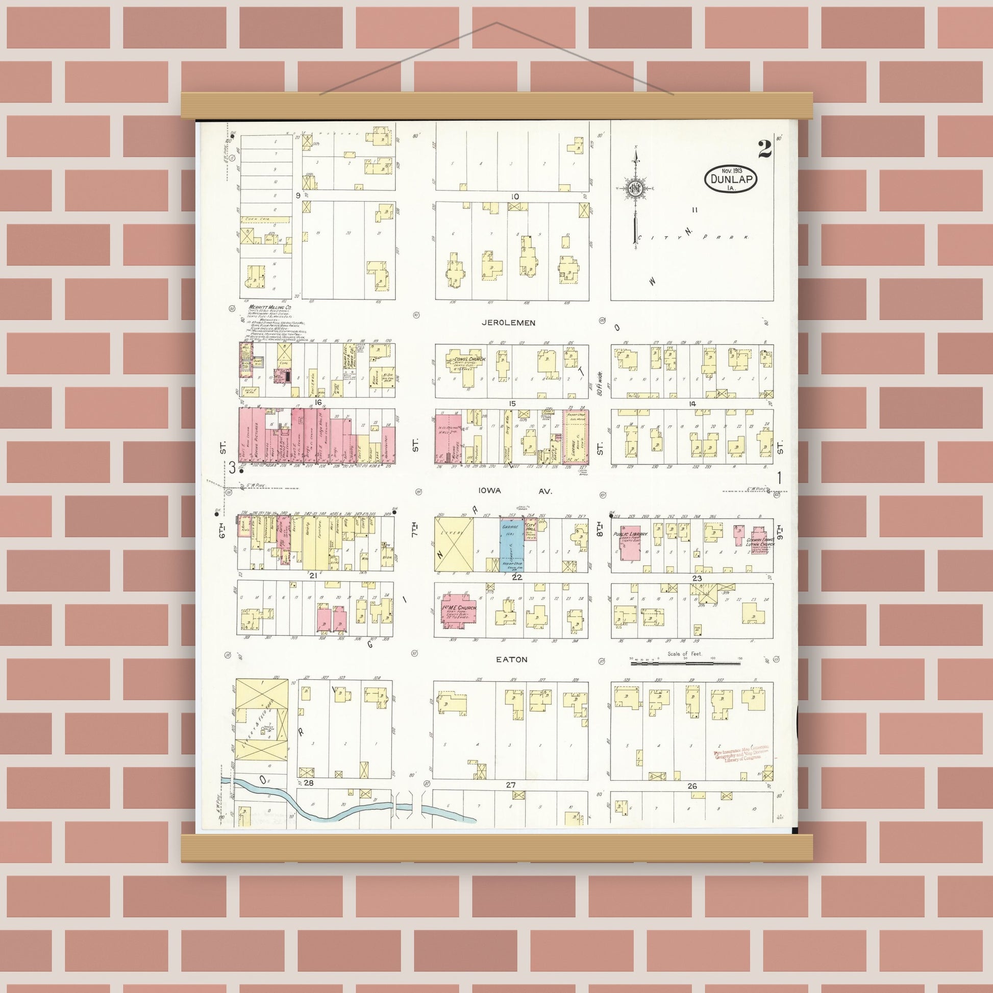 Old map wall art mockup — magnetic wood frame on brick wall — Sanborn Fire Insurance Map from Dunlap, Harrison County, Iowa (1913), Sheet #0002