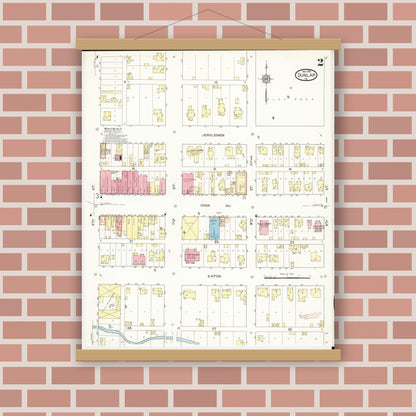 Old map wall art mockup — magnetic wood frame on brick wall — Sanborn Fire Insurance Map from Dunlap, Harrison County, Iowa (1913), Sheet #0002