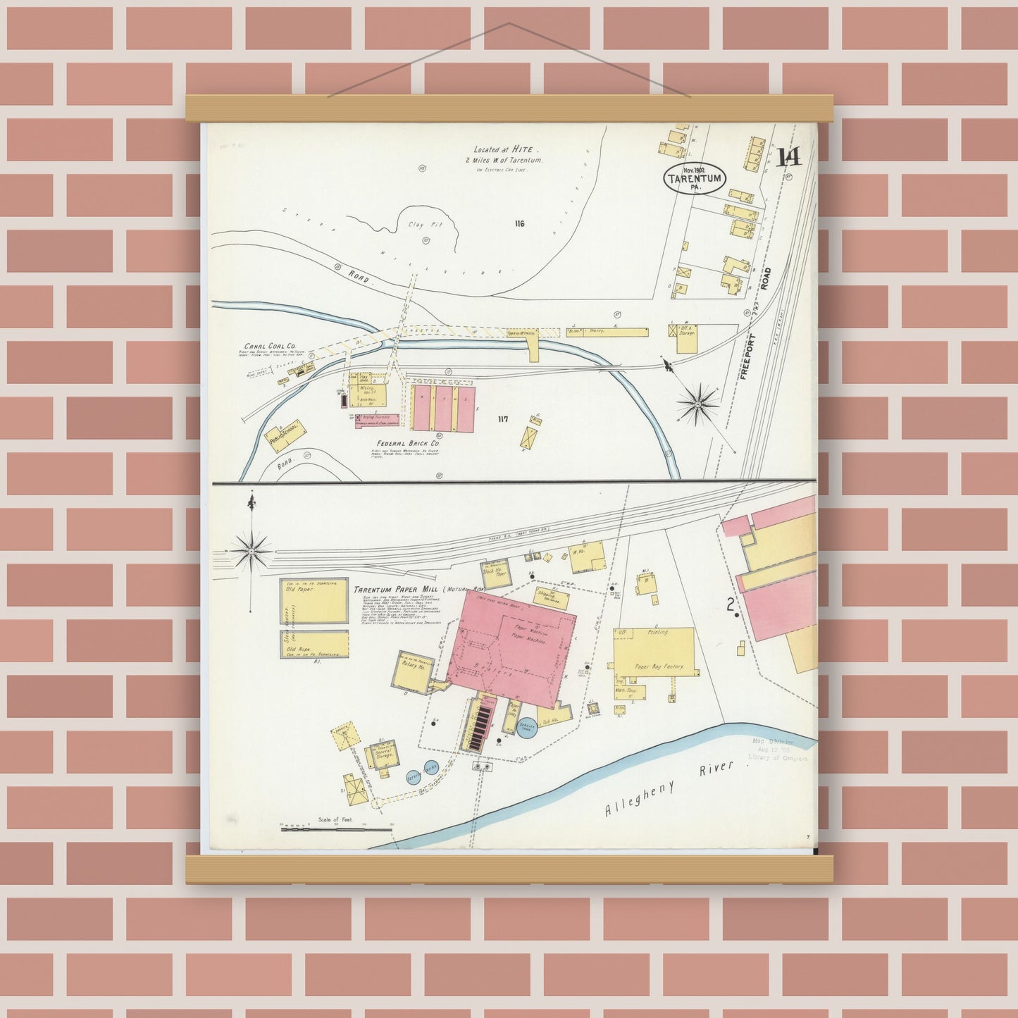 Old map wall art mockup — magnetic wood frame on brick wall — Sanborn Fire Insurance Map from Tarentum, Allegheny County, Pennsylvania (1902), Sheet #0014