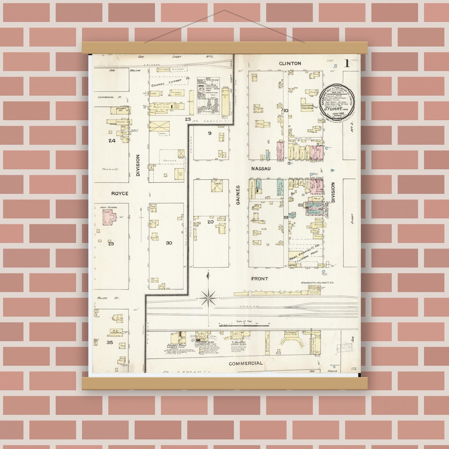 Old map wall art mockup — magnetic wood frame on brick wall — Sanborn Fire Insurance Map from Stuart, Guthrie and Adair Counties, Iowa (1888), Sheet #0001