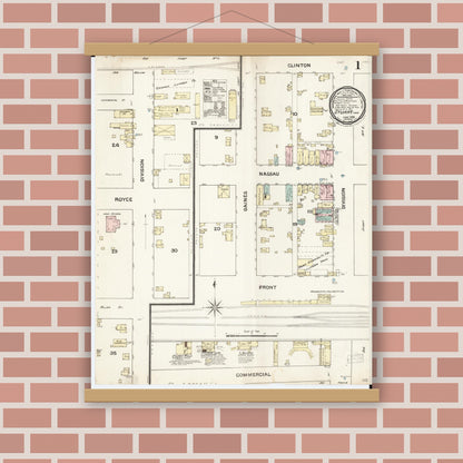 Old map wall art mockup — magnetic wood frame on brick wall — Sanborn Fire Insurance Map from Stuart, Guthrie and Adair Counties, Iowa (1888), Sheet #0001