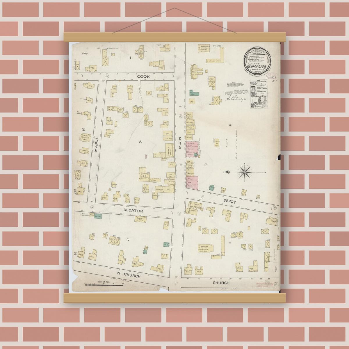 Old map wall art mockup — magnetic wood frame on brick wall — Sanborn Fire Insurance Map from Worcester, Otsego County, New York (1887), Sheet #0001