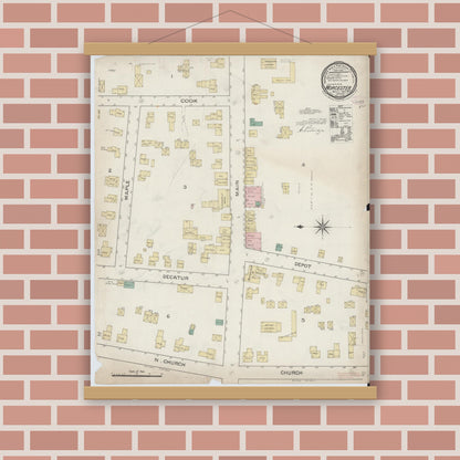 Old map wall art mockup — magnetic wood frame on brick wall — Sanborn Fire Insurance Map from Worcester, Otsego County, New York (1887), Sheet #0001