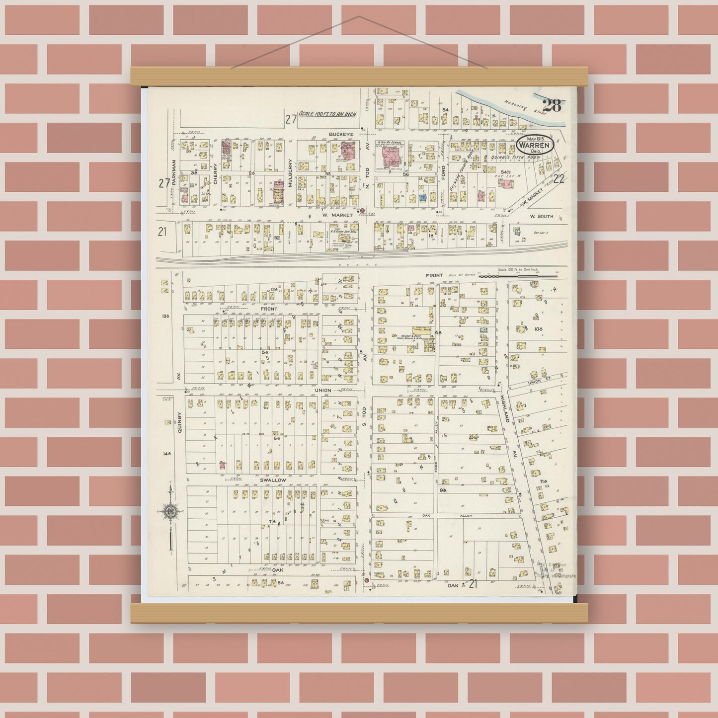 Old map wall art mockup — magnetic wood frame on brick wall — Sanborn Fire Insurance Map from Warren, Trumbull County, Ohio (1915), Sheet #0028