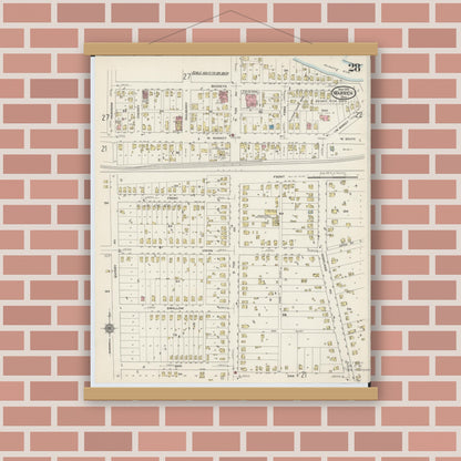 Old map wall art mockup — magnetic wood frame on brick wall — Sanborn Fire Insurance Map from Warren, Trumbull County, Ohio (1915), Sheet #0028