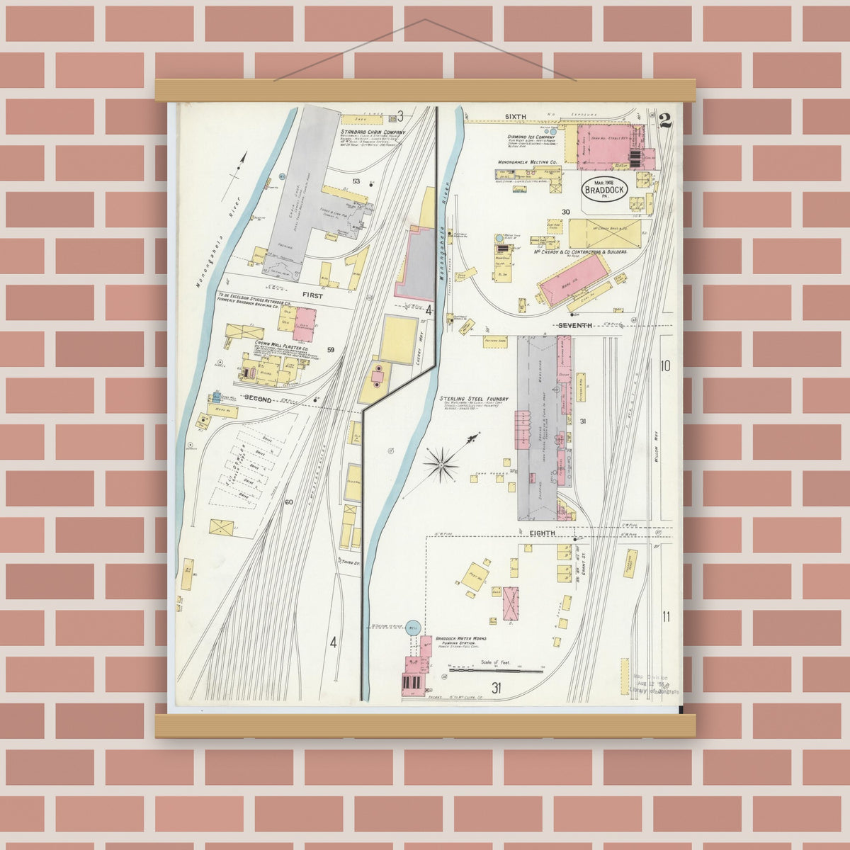 Old map wall art mockup — magnetic wood frame on brick wall — Sanborn Fire Insurance Map from Braddock, Allegheny County, Pennsylvania (1908), Sheet #0002