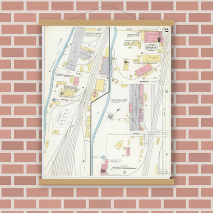 Old map wall art mockup — magnetic wood frame on brick wall — Sanborn Fire Insurance Map from Braddock, Allegheny County, Pennsylvania (1908), Sheet #0002