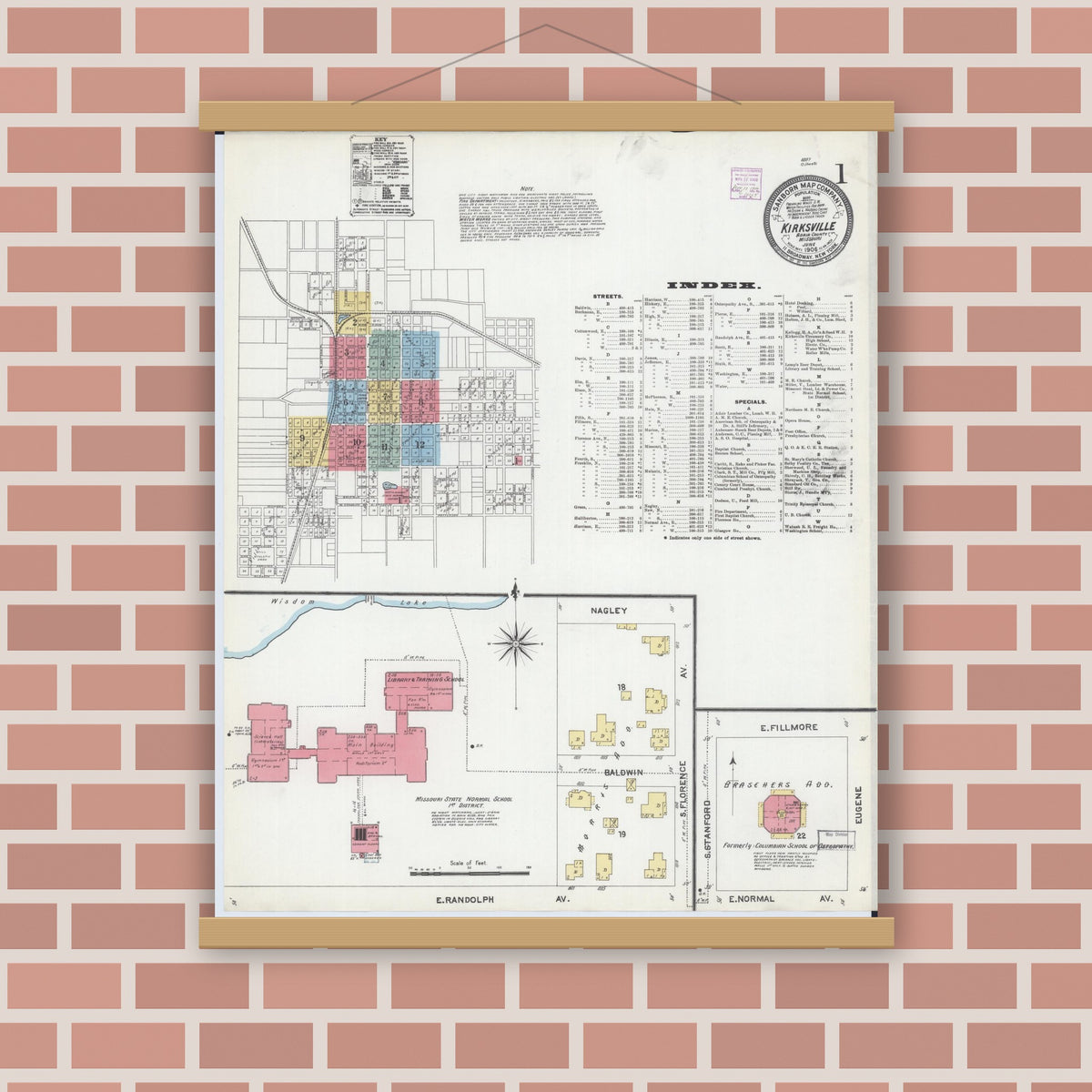 Old map wall art mockup — magnetic wood frame on brick wall — Sanborn Fire Insurance Map from Kirksville, Adair County, Missouri (1906), Sheet #0001