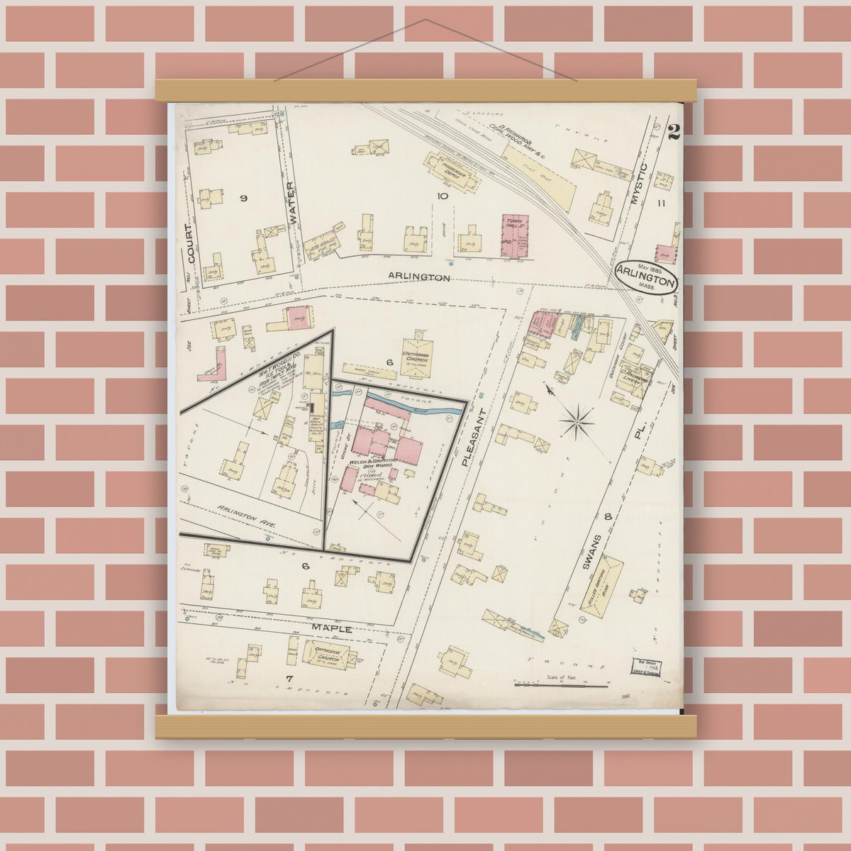 Old map wall art mockup — magnetic wood frame on brick wall — Sanborn Fire Insurance Map from Arlington, Middlesex County, Massachusetts (1885), Sheet #0002