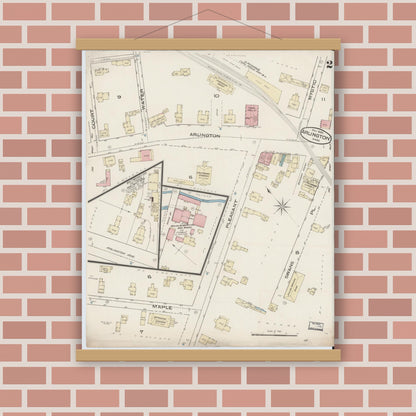 Old map wall art mockup — magnetic wood frame on brick wall — Sanborn Fire Insurance Map from Arlington, Middlesex County, Massachusetts (1885), Sheet #0002