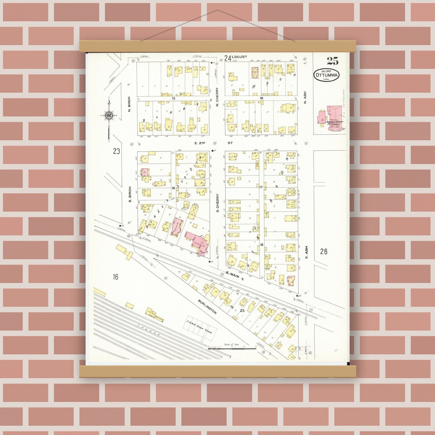 Old map wall art mockup — magnetic wood frame on brick wall — Sanborn Fire Insurance Map from Ottumwa, Wapello County, Iowa (1909), Sheet #0025