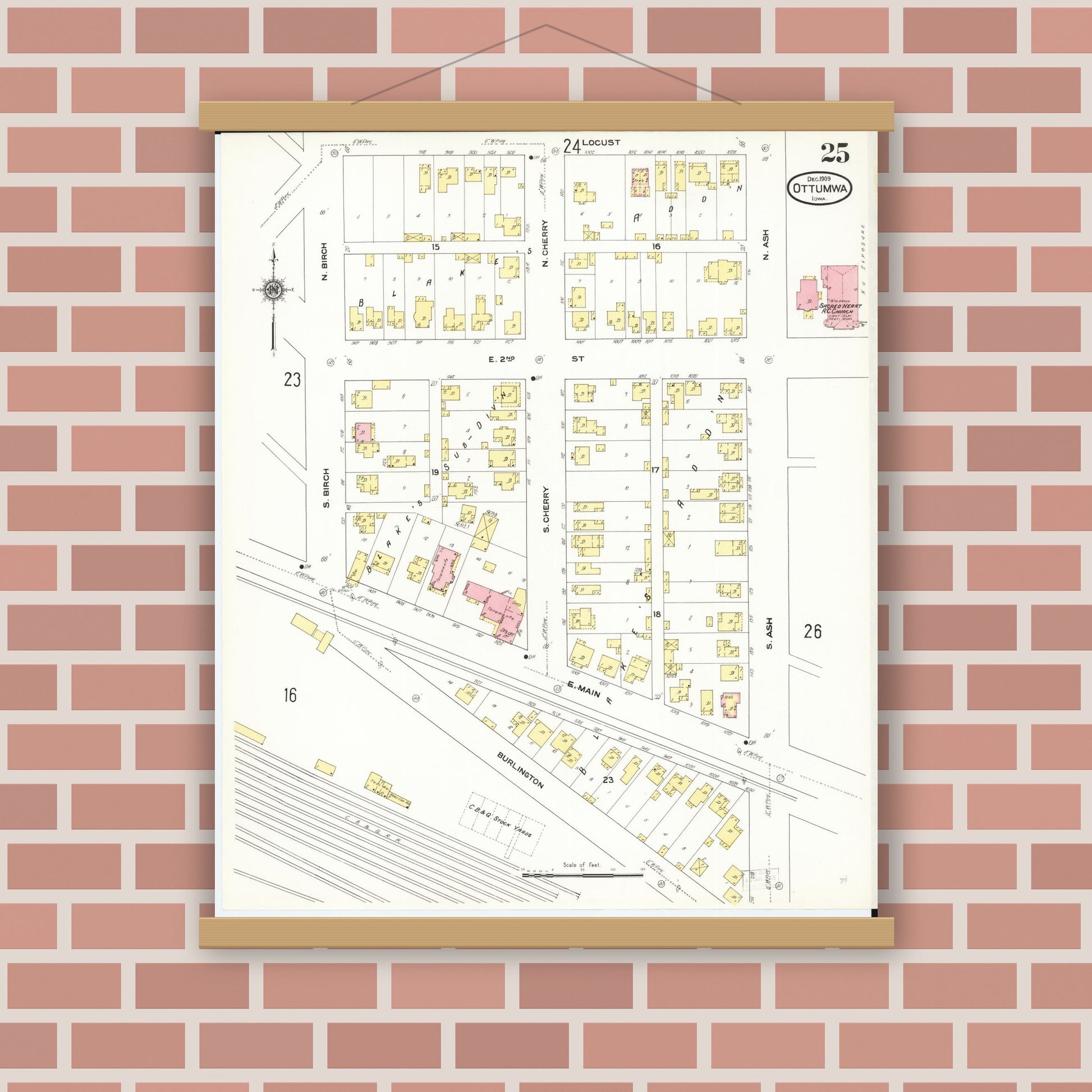 Old map wall art mockup — magnetic wood frame on brick wall — Sanborn Fire Insurance Map from Ottumwa, Wapello County, Iowa (1909), Sheet #0025