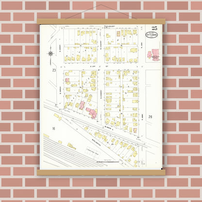Old map wall art mockup — magnetic wood frame on brick wall — Sanborn Fire Insurance Map from Ottumwa, Wapello County, Iowa (1909), Sheet #0025
