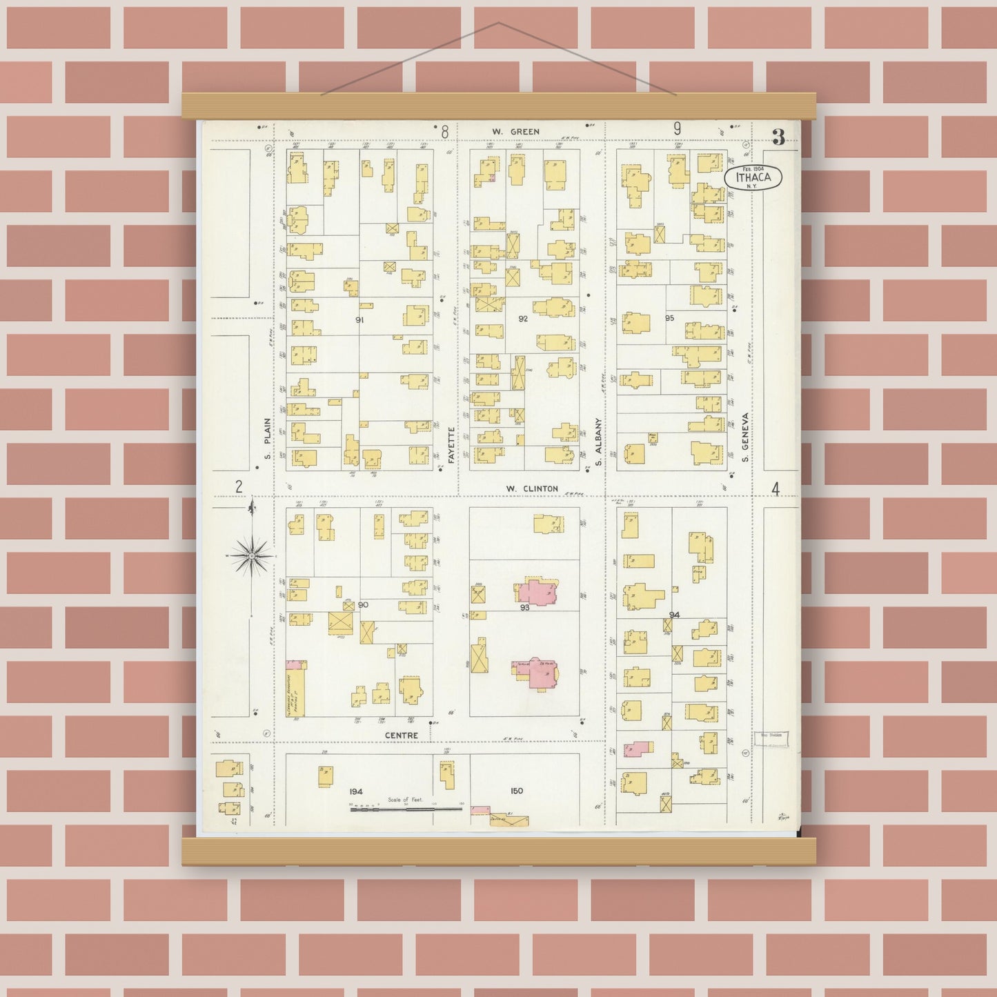 Old map wall art mockup — magnetic wood frame on brick wall — Sanborn Fire Insurance Map from Ithaca, Tompkins County, New York (1904), Sheet #0003