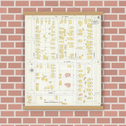 Old map wall art mockup — magnetic wood frame on brick wall — Sanborn Fire Insurance Map from Ithaca, Tompkins County, New York (1904), Sheet #0003