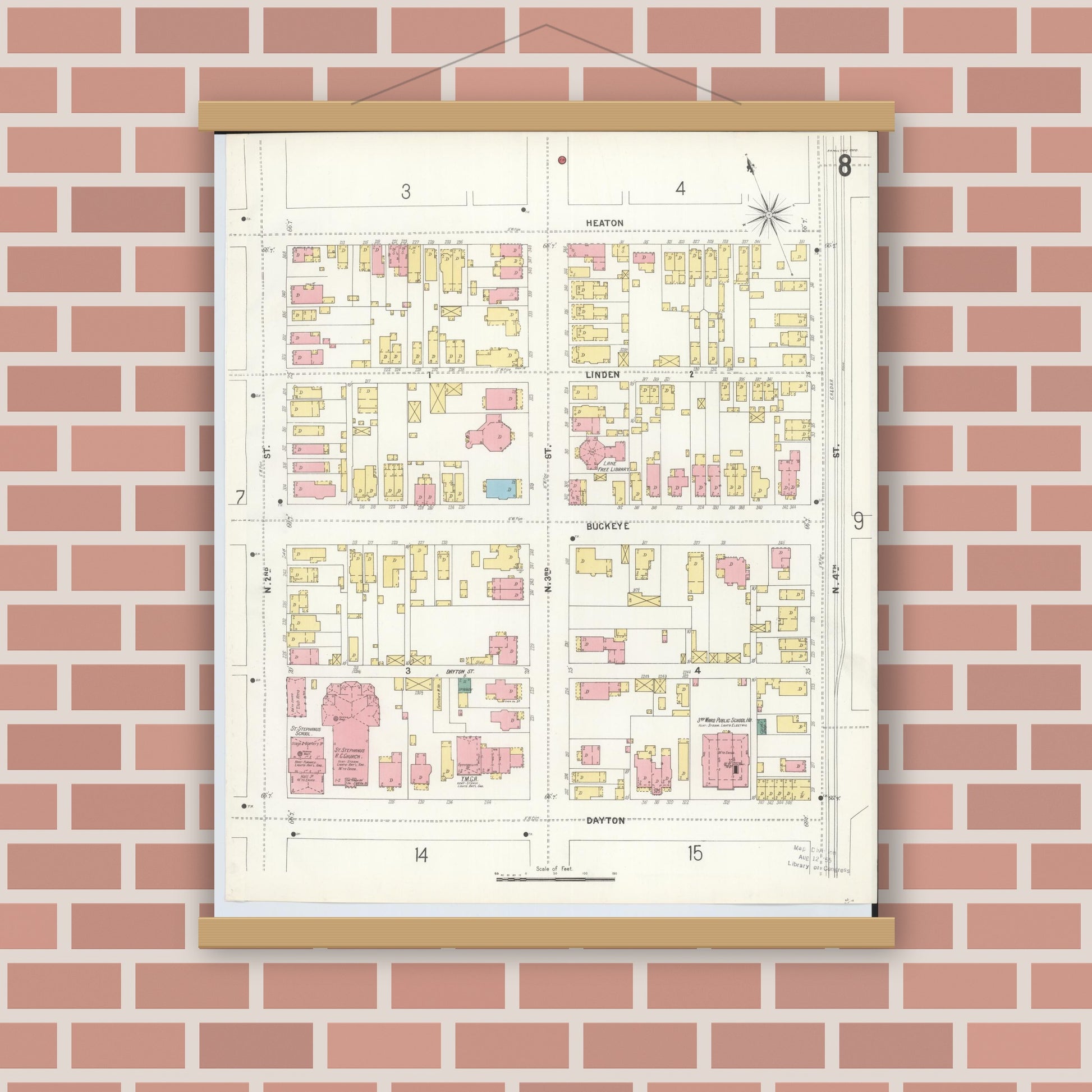 Old map wall art mockup — magnetic wood frame on brick wall — Sanborn Fire Insurance Map from Hamilton, Butler County, Ohio (1899), Sheet #0008