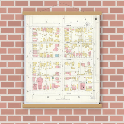 Old map wall art mockup — magnetic wood frame on brick wall — Sanborn Fire Insurance Map from Hamilton, Butler County, Ohio (1899), Sheet #0008