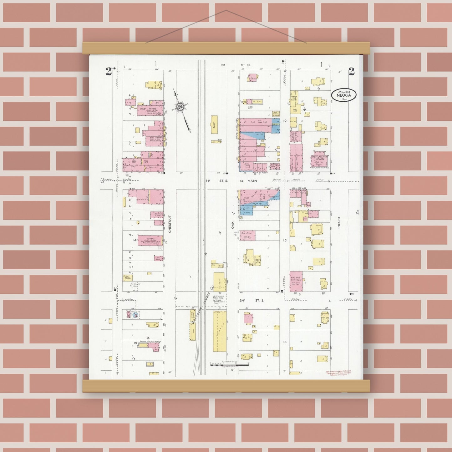 Old map wall art mockup — magnetic wood frame on brick wall — Sanborn Fire Insurance Map from Neoga, Cumberland County, Illinois (1930), Sheet #0002
