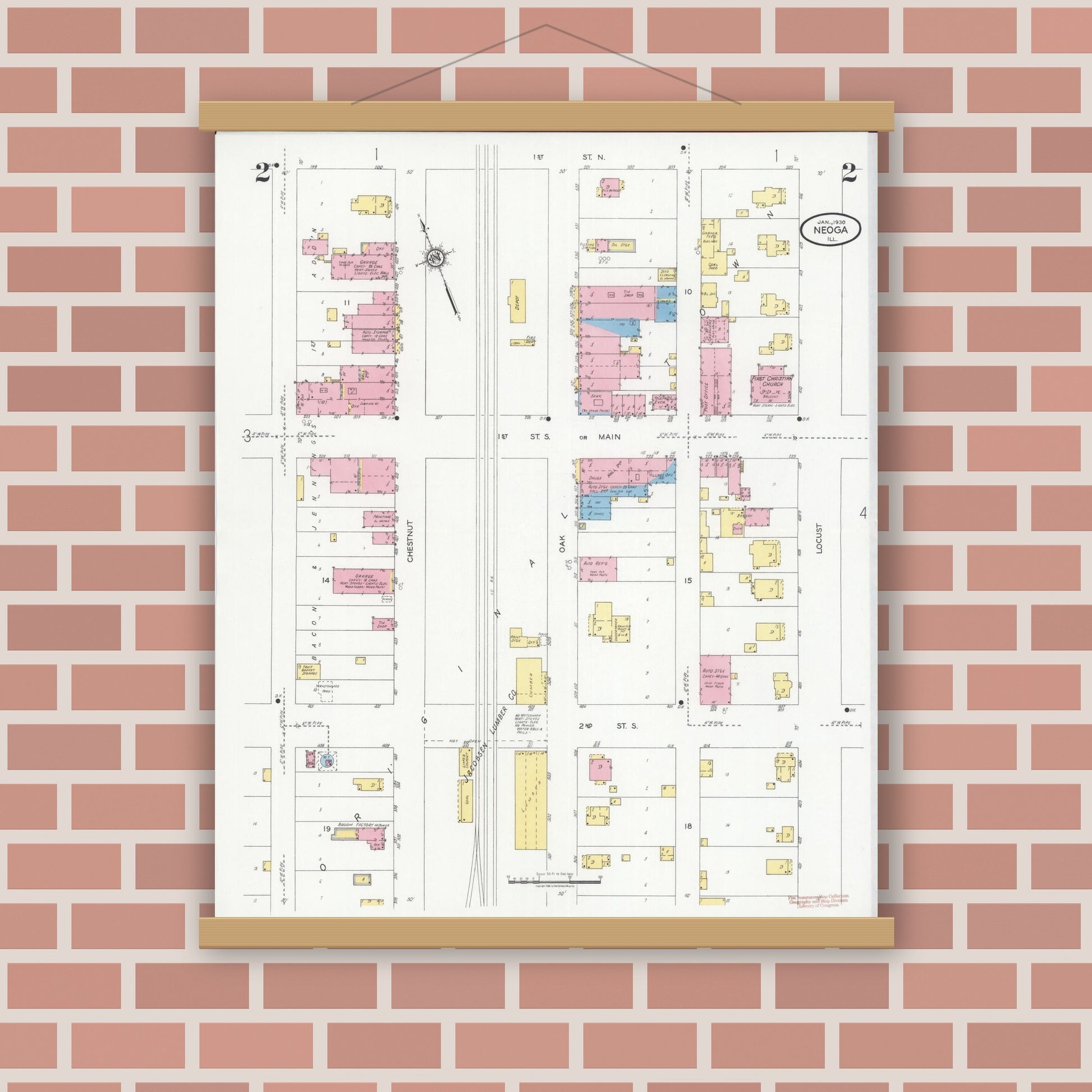 Old map wall art mockup — magnetic wood frame on brick wall — Sanborn Fire Insurance Map from Neoga, Cumberland County, Illinois (1930), Sheet #0002