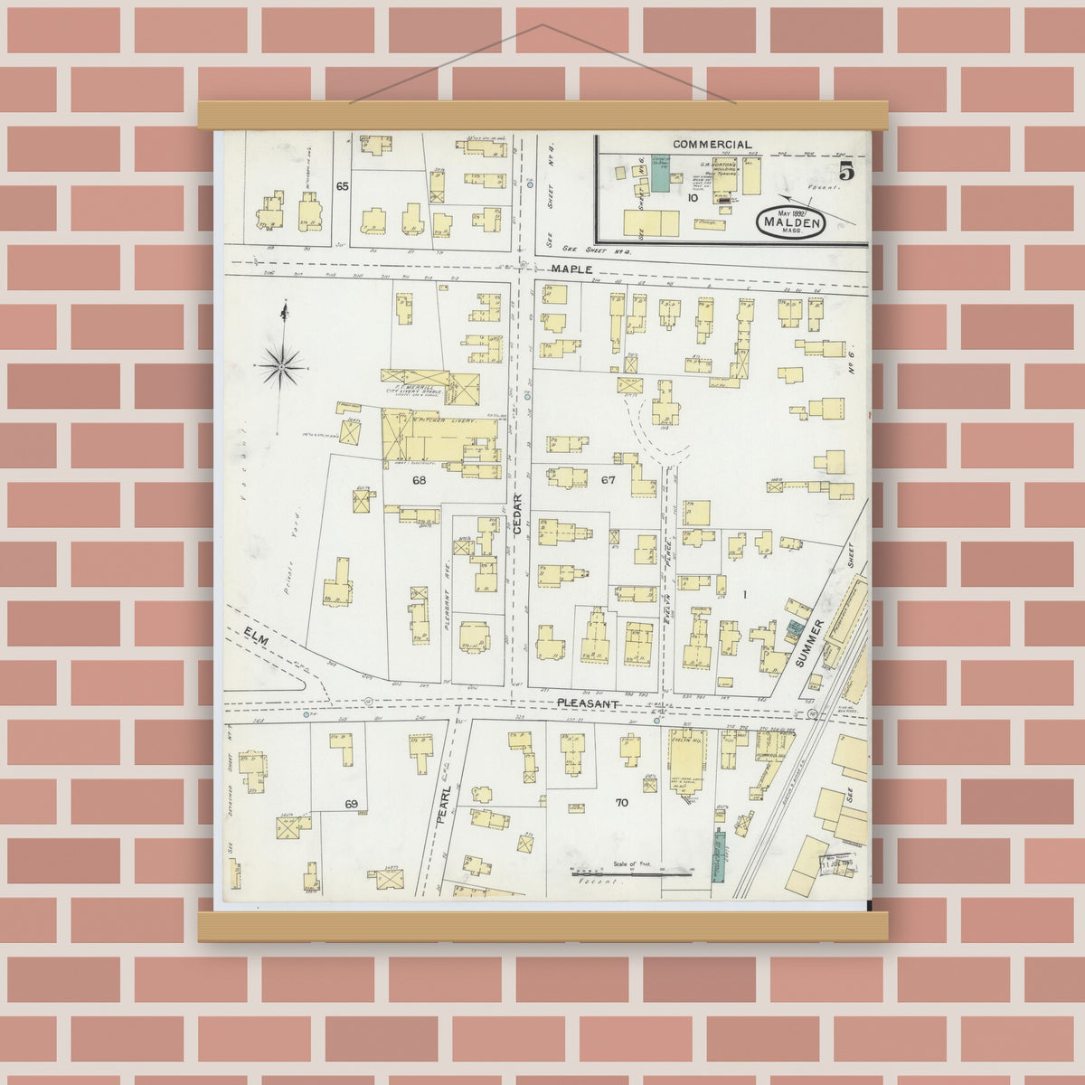 Old map wall art mockup — magnetic wood frame on brick wall — Sanborn Fire Insurance Map from Malden, Middlesex County, Massachusetts (1892), Sheet #0005