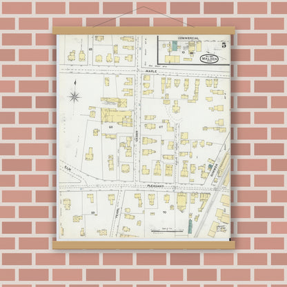 Old map wall art mockup — magnetic wood frame on brick wall — Sanborn Fire Insurance Map from Malden, Middlesex County, Massachusetts (1892), Sheet #0005