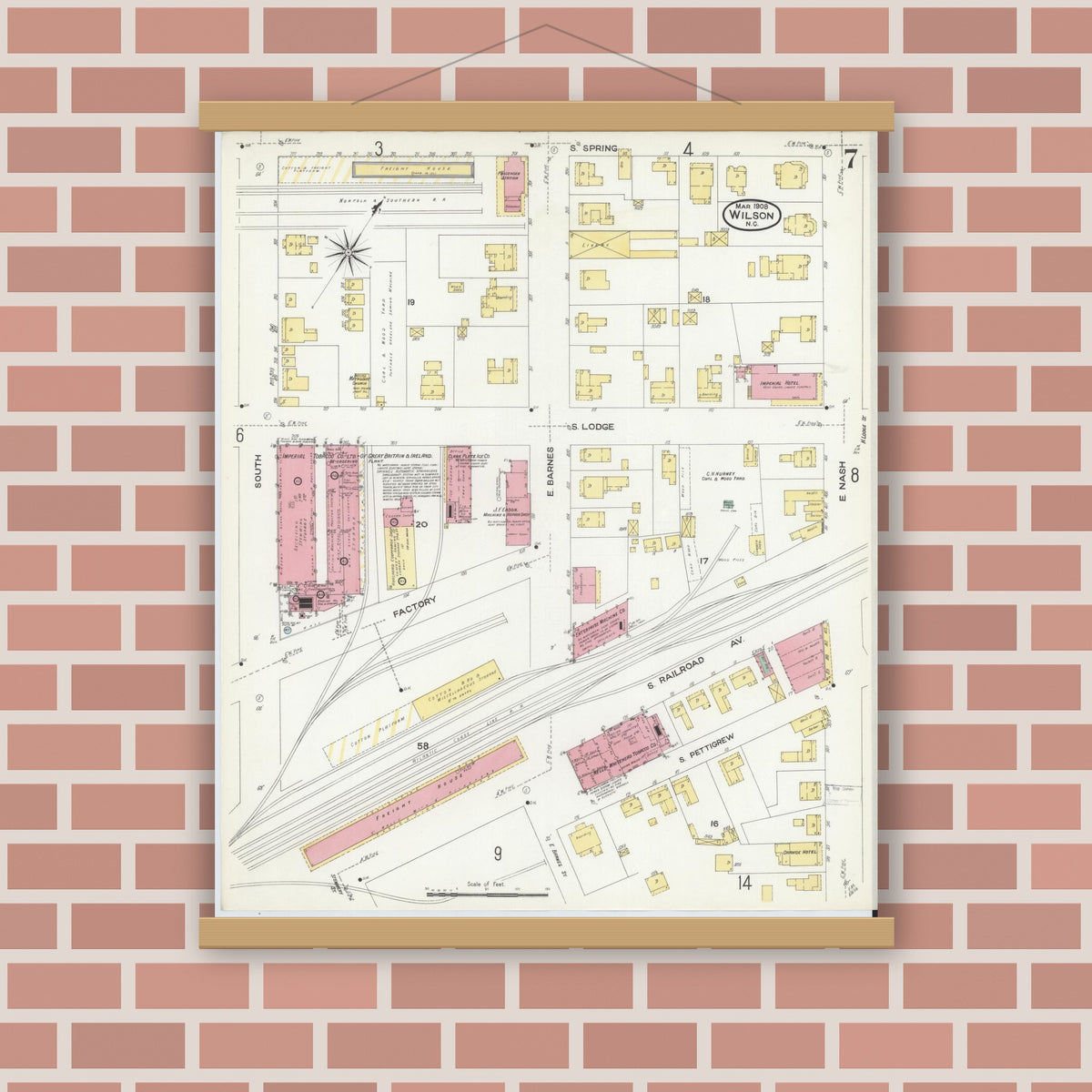 Old map wall art mockup — magnetic wood frame on brick wall — Sanborn Fire Insurance Map from Wilson, Wilson County, North Carolina (1908), Sheet #0007