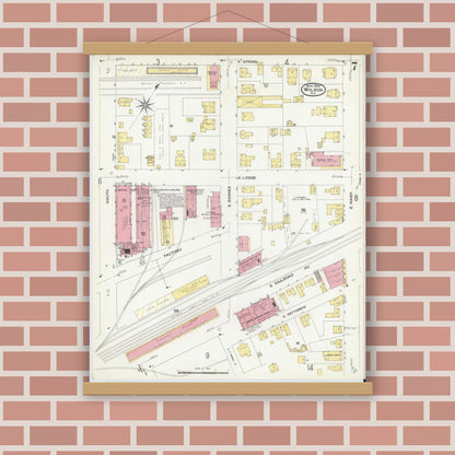 Old map wall art mockup — magnetic wood frame on brick wall — Sanborn Fire Insurance Map from Wilson, Wilson County, North Carolina (1908), Sheet #0007