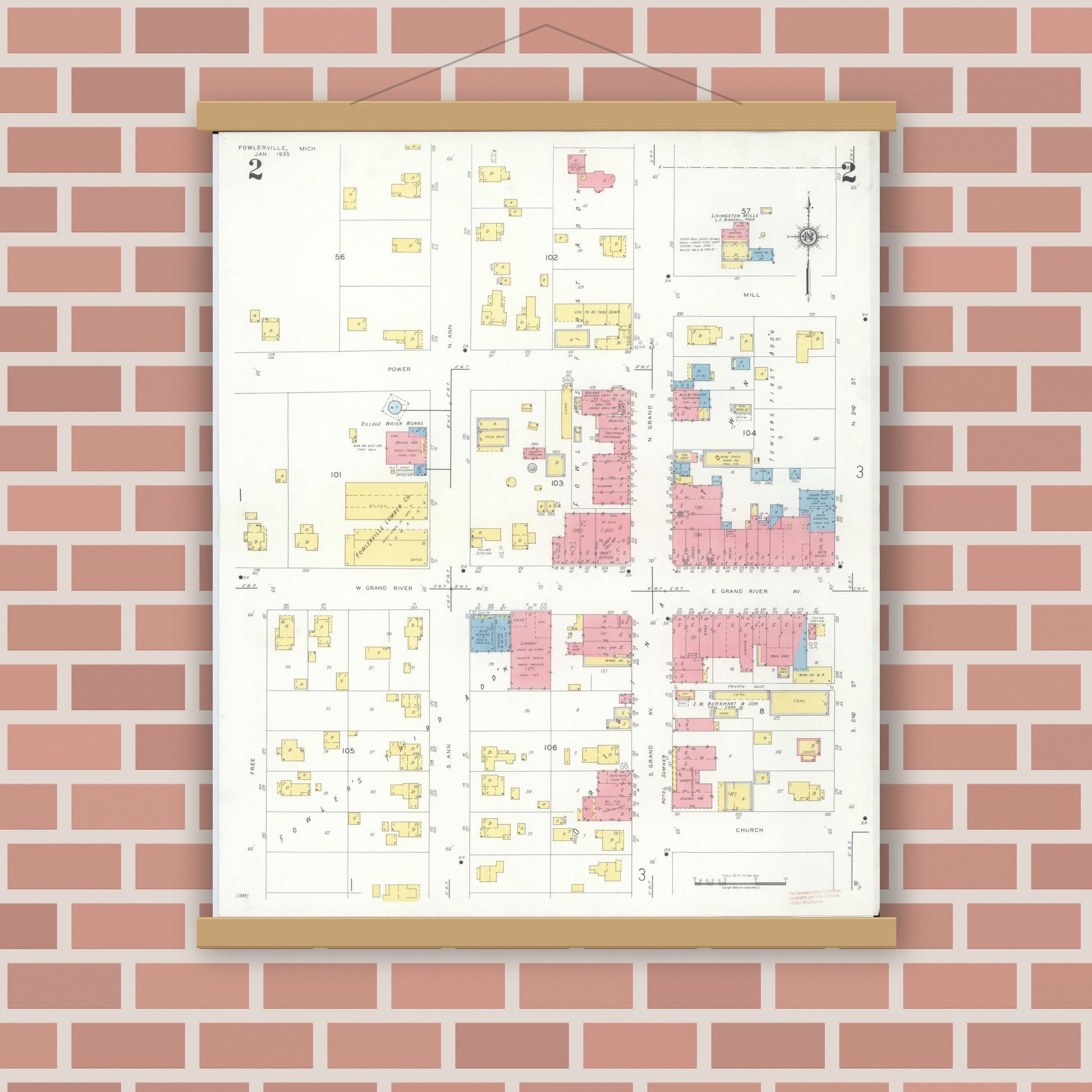 Old map wall art mockup — magnetic wood frame on brick wall — Sanborn Fire Insurance Map from Fowlerville, Livingston County, Michigan (1935), Sheet #0002