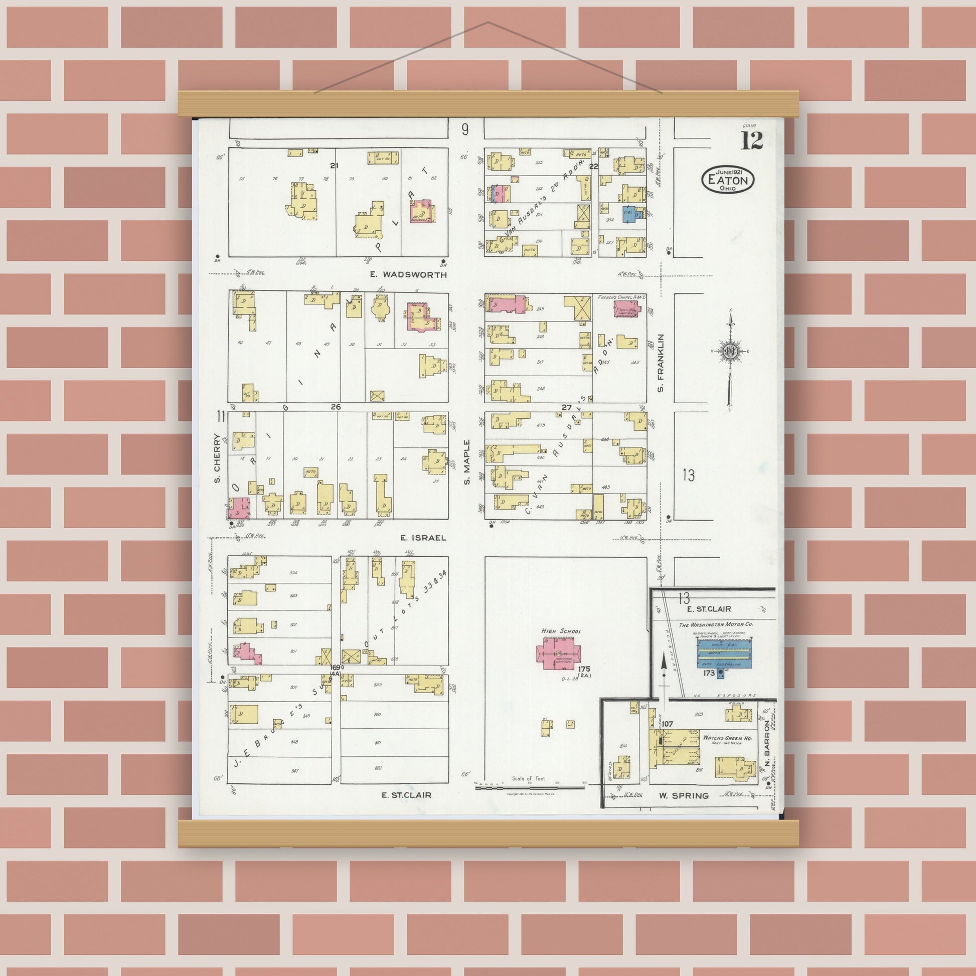 Old map wall art mockup — magnetic wood frame on brick wall — Sanborn Fire Insurance Map from Eaton, Preble County, Ohio (1921), Sheet #0012