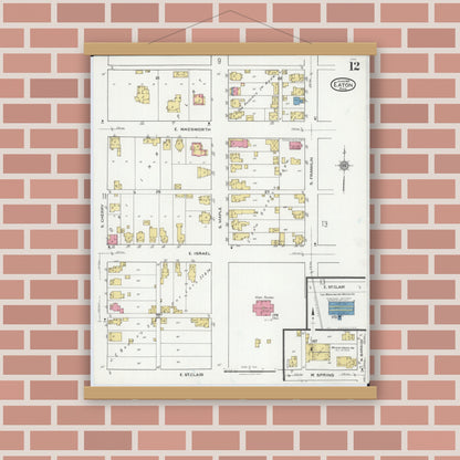 Old map wall art mockup — magnetic wood frame on brick wall — Sanborn Fire Insurance Map from Eaton, Preble County, Ohio (1921), Sheet #0012