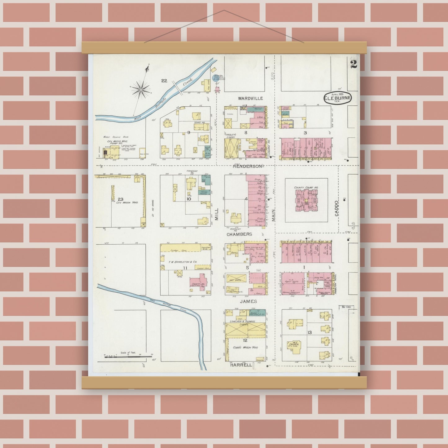 Old map wall art mockup — magnetic wood frame on brick wall — Sanborn Fire Insurance Map from Cleburne, Johnson County, Texas (1893), Sheet #0002